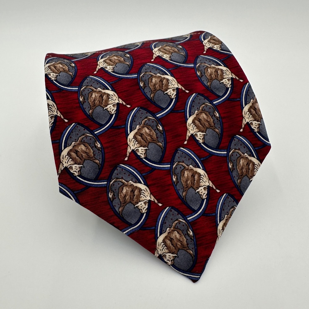 Parker Sage Silk Tie Mens Burgundy Bull Print Finance‎ Wall Street USA Made